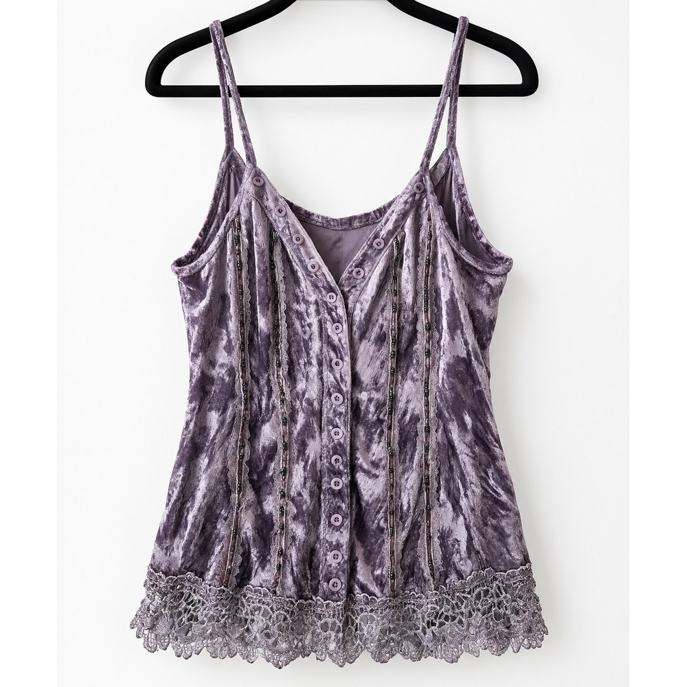 Pretty Angel Crushed Velvet Camisole Top Purple Gray Beaded Lace Boho Y2K